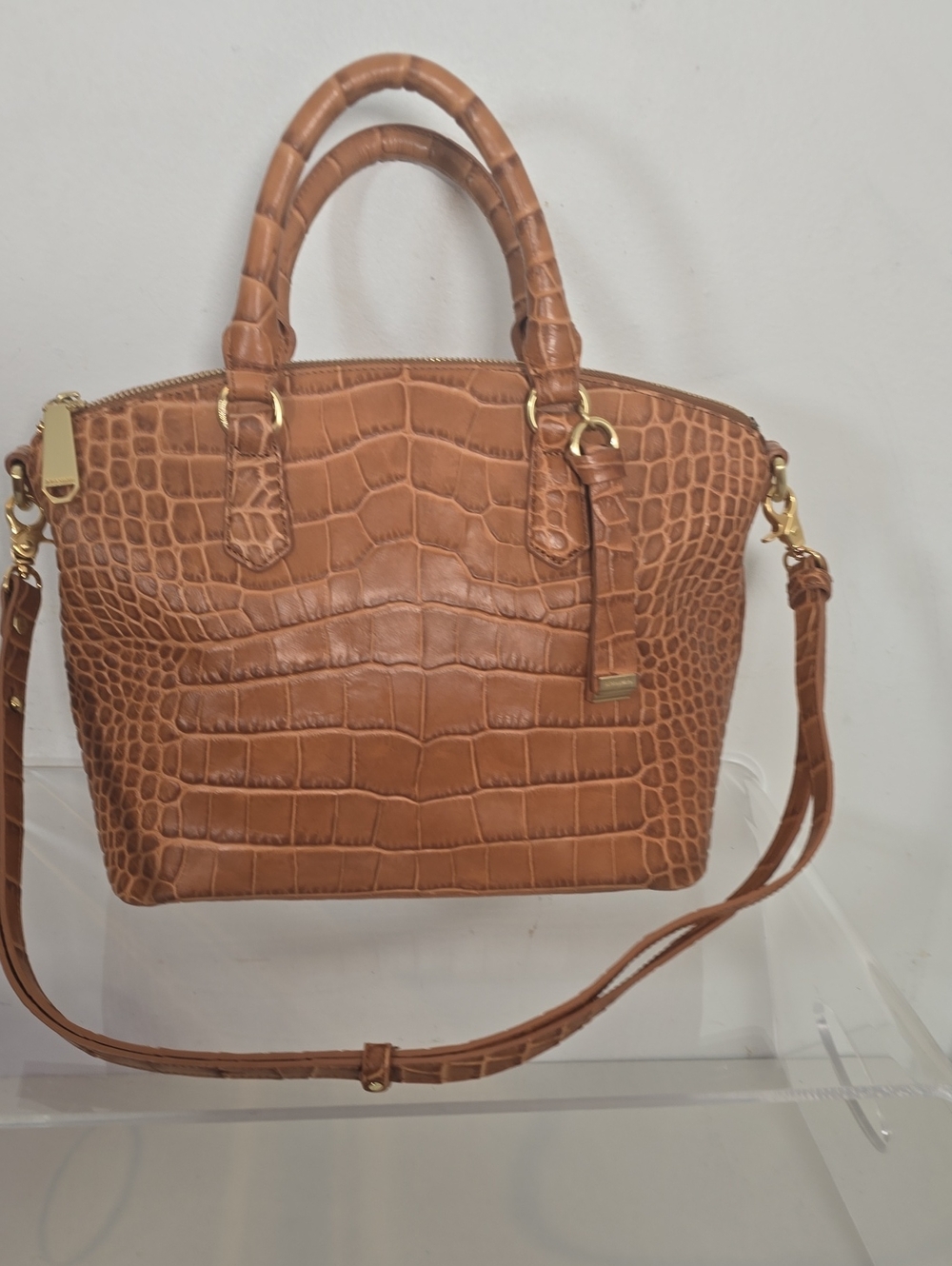BRAHMIN Croc-Embossed Tan Satchel Bag with Detachable Strap
